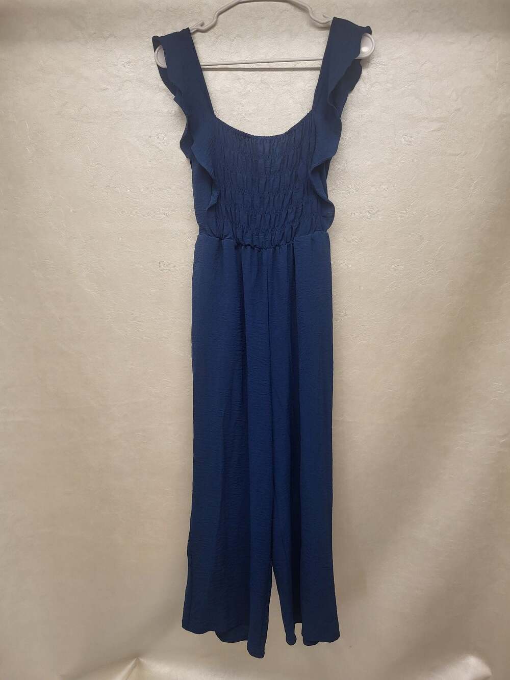 L Love Navy Blue Smocked Ruffle-Strap Wide-Leg Crop Jumpsuit